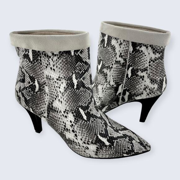 42 Gold Olvy Black White Snake Leather Cuff Slip On Pointed 3" Heel Ankle Boot 7 - Picture 1 of 10